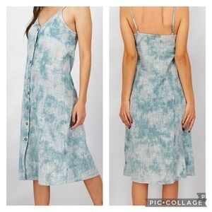 Roxy Wild Ties Dress Midi Blue Tie Dye Cotton Midi NWOT L Summer Casual Boho
